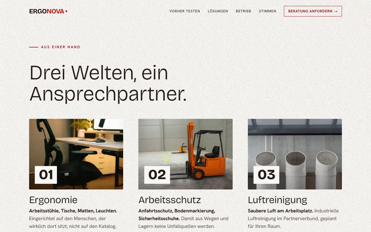 Abschnitt „Drei Welten, ein Ansprechpartner" auf der Ergonova-Startseite: drei bebilderte Karten für Ergonomie, Arbeitsschutz und Luftreinigung, jede mit einer Ziffer auf dem Foto.